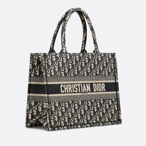 Authentic Dior Ecru and Blue Oblique Embroidery Medium Book Tote